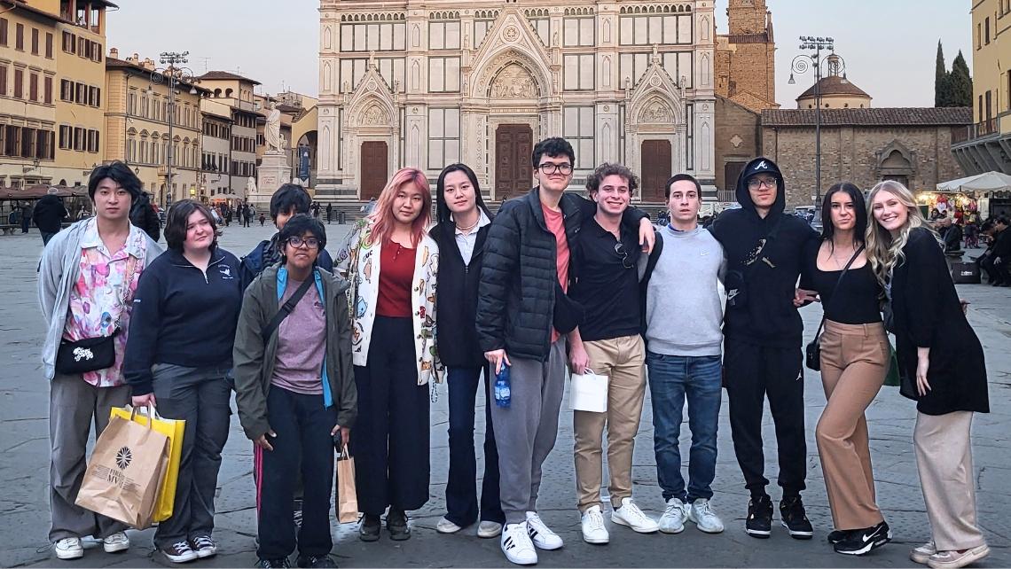 Students in front of the Basilica of Santa Croce in Florence