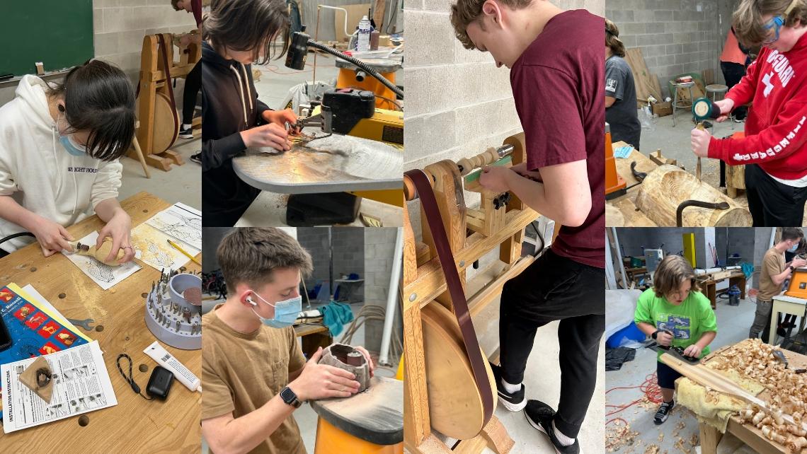 Students using woodworking tools