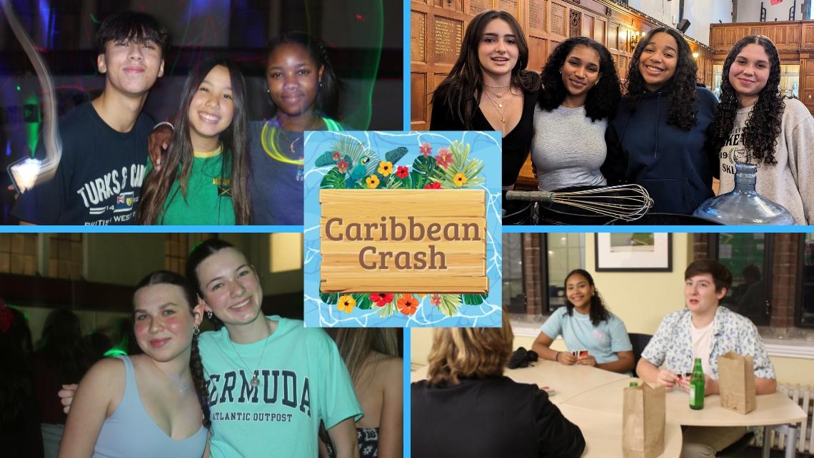 Collage of students at dance, including wearing t-shirts that say the names of Caribbean countries