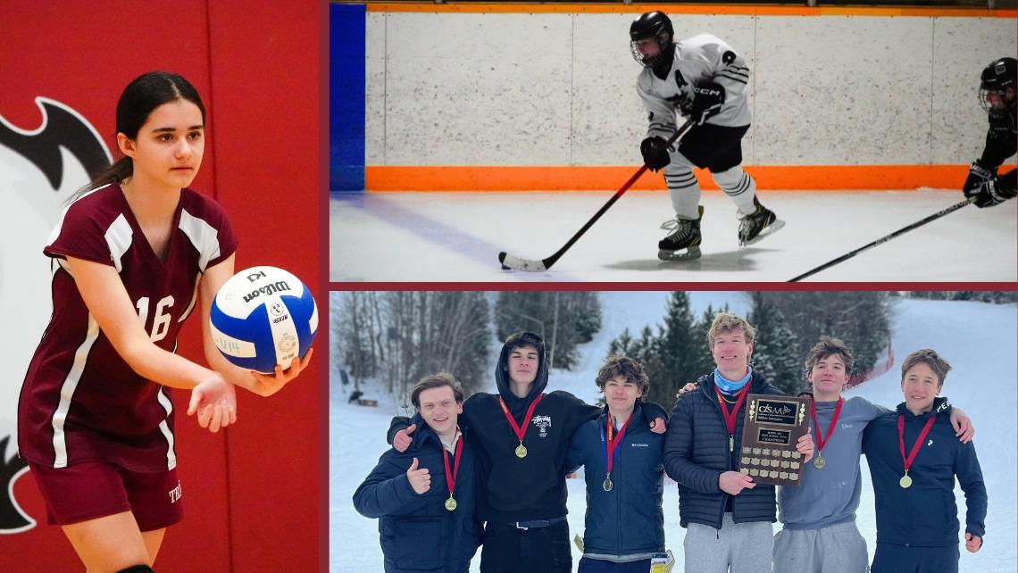 Trio of images including a volleyball player, hockey player and five downhill skiers