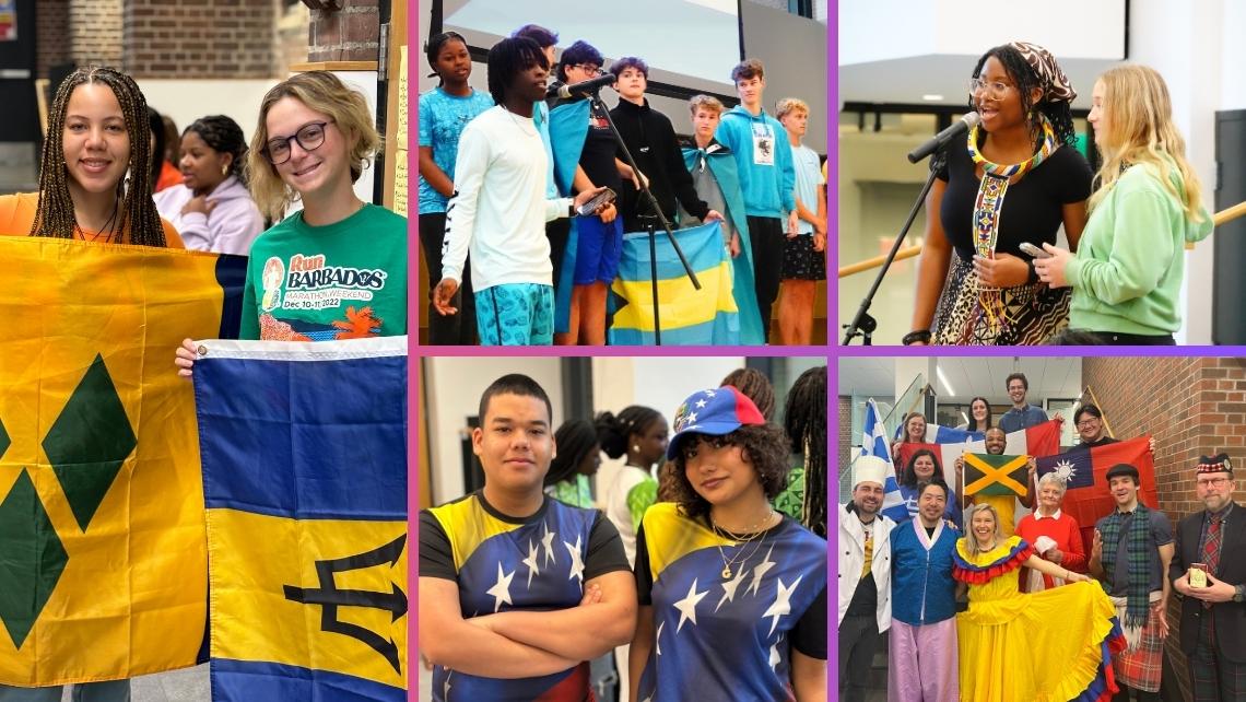 collage of images of students international dress, holding flags