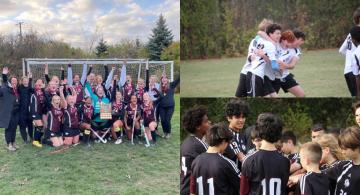 Collage of images with a field hockey team celebrating, three soccer players hugging and a soccer team in a huddle
