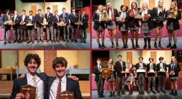 Collage of images of students in uniform holding trophies and plaques