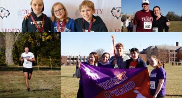 Collage of four images including student and adult runners during and after a cross-country race