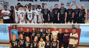 two stacked images, with a group of basketball players at top, and a group of volleyball players at bottom