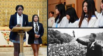 Collage of photos with two students in uniform standing at a podium, a group of singers in white choir robes, and a black and white photo of Martin Luther King Junior at the March on Washington