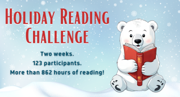 Cartoon polar bear sitting on snow reading a red book