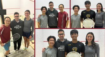 Collage of images of players posing on a squash court