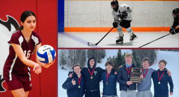 Trio of images including a volleyball player, hockey player and five downhill skiers